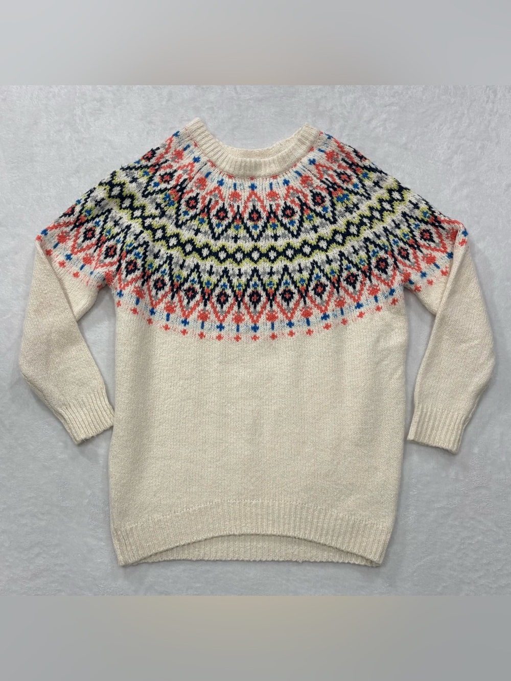 Aerie Ivory & Multicolor Fair Isle Knit Crew Neck Pullover Sweater Womens size S